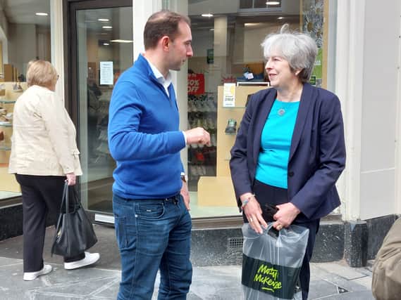 Luke Graham, Scottish Conservative candidate for Perth and Kinross-shire, and former prime minister Theresa May out campaigning in Perth.