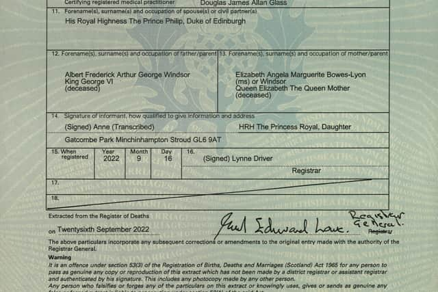 Undated handout photo issued by National Records of Scotland of the death certificate of Queen Elizabeth II which reveals that her cause of death was old age. Issue date: Thursday September 29, 2022.