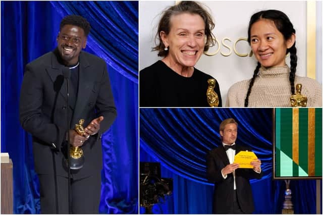 Daniel Kaluuya (left) won the Best Supporting Actor category; Chloé Zhao and Frances McDormand (top right) celebrate their wins for Nomadland; Brad Pitt announces the Best Supporting Actress winner (Photos: Getty Images)