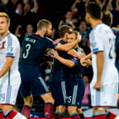 Scotland celebrate their first goal in the 3-2 defeat to Germany in 2015. Cr. SNS Group.