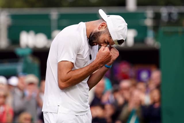 Jacob Fearnley celebrates his first-round win at Wimbledon.