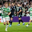 Celtic's Arne Engels celebrates scoring to make it 3-0 over SK Slovan Bratislava at Celtic Park. (Photo by Craig Williamson / SNS Group)