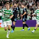 Celtic's Arne Engels celebrates scoring to make it 3-0 over SK Slovan Bratislava at Celtic Park. (Photo by Craig Williamson / SNS Group)