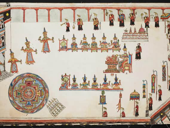 Drawing of ancient Buddhist ceremony which shows Tibetan monks holding a bell and dorje - a thunderbolt symbol - which Dr TA Wise believed inspired the Pictish double disc symbol which can be found on standing stones across the north and east of Scotland. PIC: British Library.