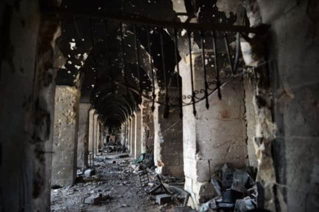 A general view of the damaged arcades of Aleppo's Umayyad Mosque complex. Picture: Getty