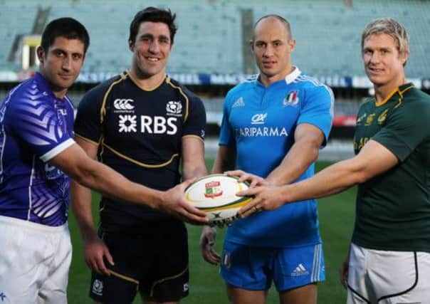 Paul Williams (Samoa) Kelly Brown (Scotland)  Sergio Parisse (Italy) and Springbok captain Jean de Villiers. Picture: Getty