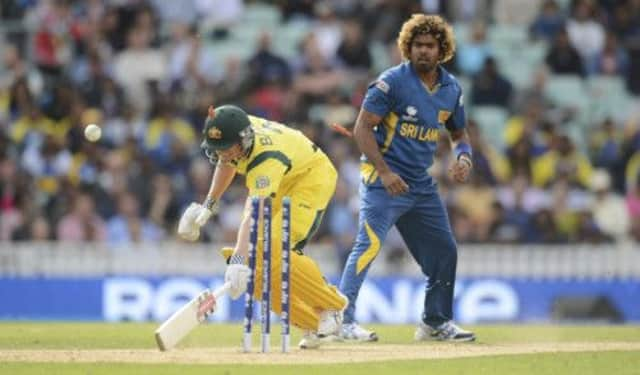 Australian captain George Bailey is run out as Sri Lanka's Lasith Malinga looks on. Picture: Reuters