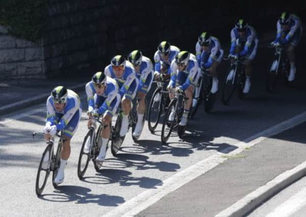 Team Orica Greenedge, on their way to winning the team time trial around the city of Nice. Picture: AP