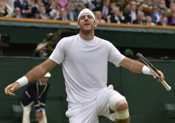 Argentina's Juan Martin Del Potro falls to the floor in celebration. Picture: Getty