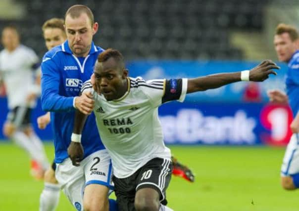 Dave Mackay battles with Rosenborg's John Chibuike. Picture: SNS