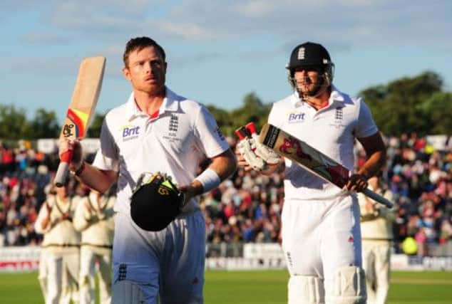 Ian Bell walks in with Tim Bresnan after completing his third hundred of the Ashes series. Picture: PA