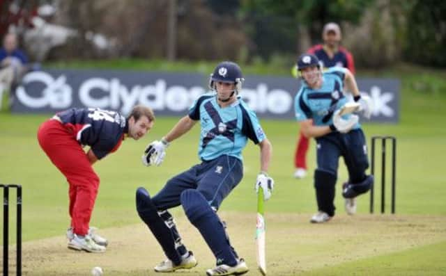 Calum MacLeod watches the ball sent past him by Richie Berrington off the bowling of Tom Smith in the Saltires'  final game. Picture: Donald MacLeod