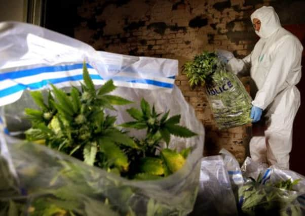 Strathclyde Police officers load drugs in bags after a raid. Picture: PA