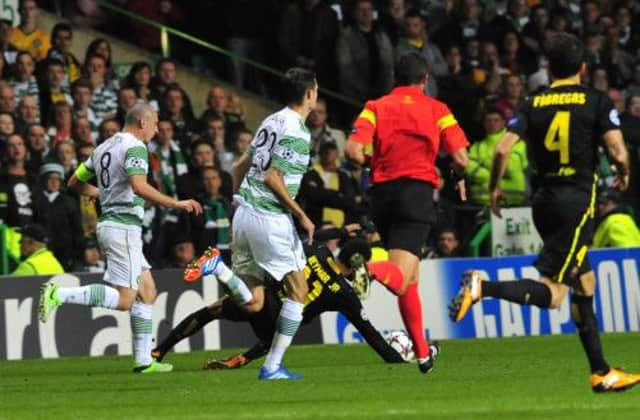 Neymar pictured after a challenge by Celtic's Scott Brown. Picture :SNS