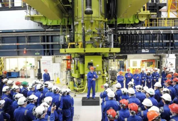 Prime Minister David Cameron addresses workers at Hinkley Point B about plans for a nuclear power station. Picture: PA