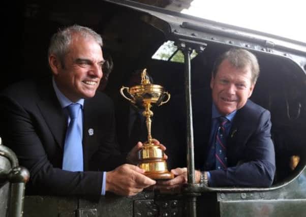 Ryder Cup captains Paul McGinley and Tom Watson pictured with the trophy last month. Picture: Jane Barlow