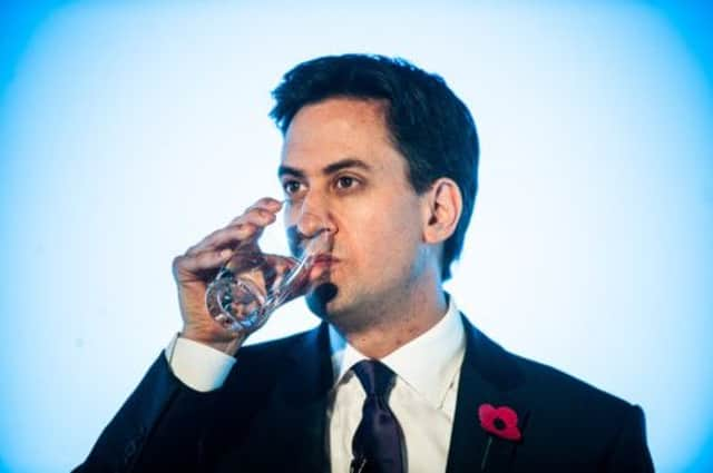 Ed Miliband at the podium in Edinburgh yesterday. Picture: Ian Georgeson