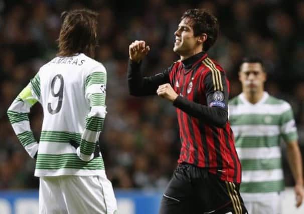 Kaka celebrates after sending Milan on the way to a 30 win at Celtic Park last night. Picture: Reuters