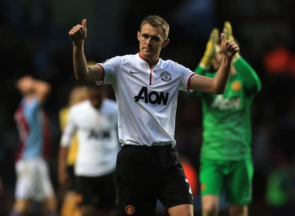 Darren Fletcher celebrates victory at Villa Park. Picture: PA