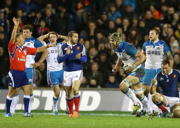 A last minute penalty against Scotland is awarded by referee Chris Pollock. Picture:Andrew Milligan/PA Wire