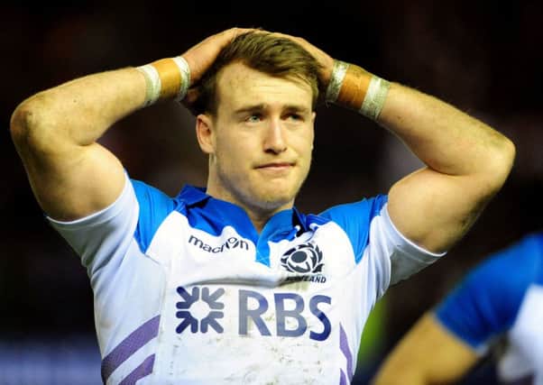 Stuart Hogg shows his dejection after the final whistle against France last Saturday. Picture: Ian Rutherford