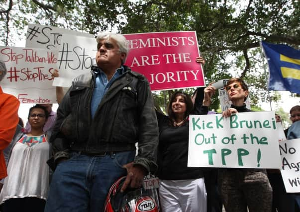 Comedian Jay Leno participates in a rally outside the Beverly Hills Hotel. Picture: Getty