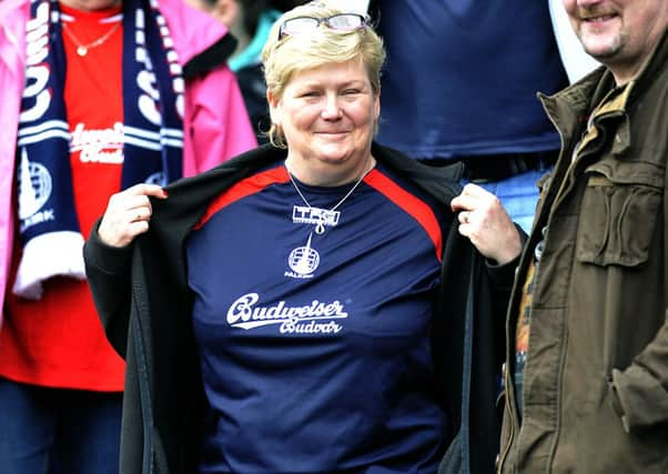 Fans in old Falkirk strips, to raise awareness for Alzheimer Scotland. Picture: JP