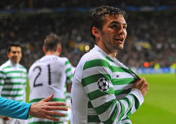 Tony Watt celebrates after scoring against Barcelona, he is now a target for Standard Liege. Picture: TSPL