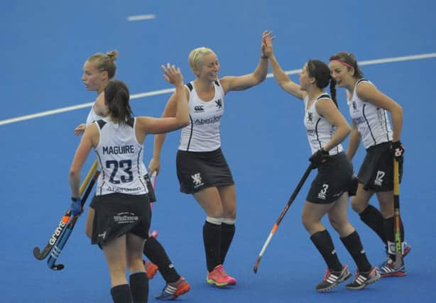 Nikki Lloyd celebrates scoring Scotlands second goal in the 5-0 win against Wales in the Investec Cup match in London. Picture: PA