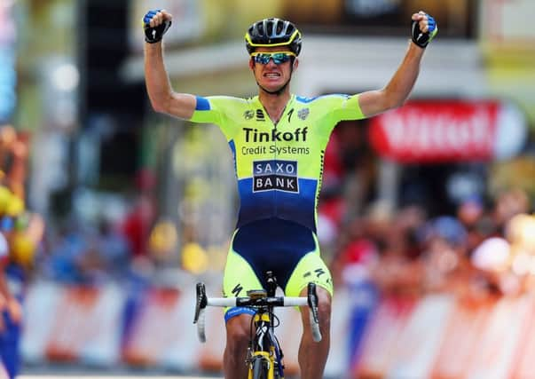 Michael Rogers of Australia celebrates winning yesterdays mountain stage in the Pyrenees. Picture: Getty