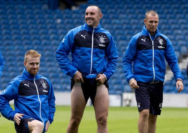 Kris Boyd does a Rumgay in tribute to the Scottish table tennis players Commonwealth Games celebration during training. Picture: SNS