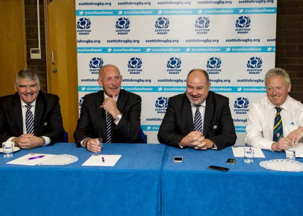 (L/R) Chairman of the Scottish Rugby Board Sir Moir Lockhead, new SRU President Ian Rankin, Chief Executive Mark Dodson and Vice-President Ed Crozier. Picture: SNS