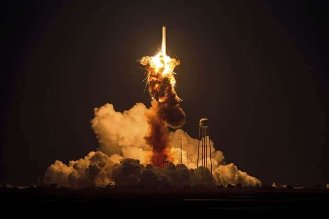 The Antares rocket carrying the Cygnus cargo vessel explodes. Picture: AP