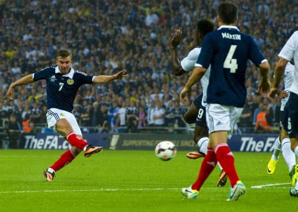 Former England youth player James Morrison fires in the opening goal for Scotland in the friendly between the sides at Wembley in August last year. Photograph: Sammy Turner/SNS