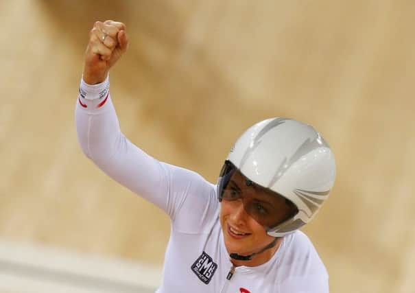 Laura Trott of Great Britain celebrates winning the Women's Team Pursuit on day one of the UCI Track Cycling World Cup. Picture: Getty