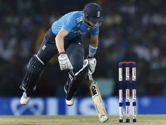 Joe Root, one of the few England players to have impressed in Sri Lanka, leaps back into his crease during yesterdays defeat. Picture:  Reuters