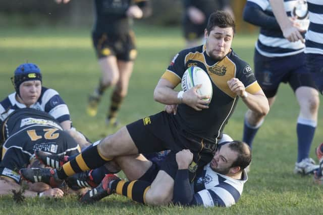 Curries Matt Goodwin makes for the line with the Heriots defence bringing him to ground, but his try was disallowed. Picture: Toby Williams