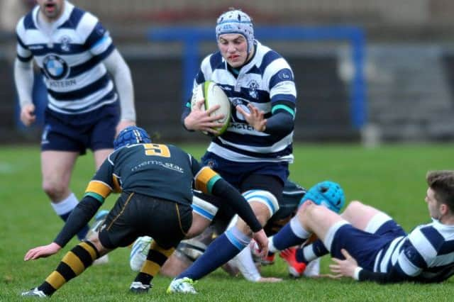 Heriots Jack McClean prepares for Richard Sneddens tackle. Picture: Jane Barlow