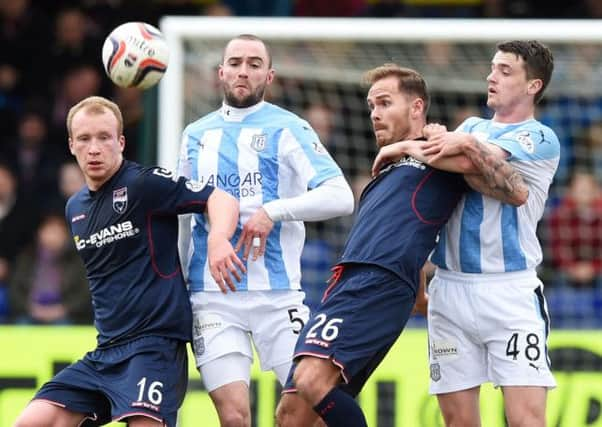 (L/R) Liam Boyce, James McPake, Martin Woods and Stephen Mcginn and battle for possesion. Picture: SNS Group