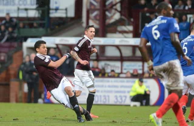 Osman Sow scores Hearts tenth goal. Picture: Neil Hanna