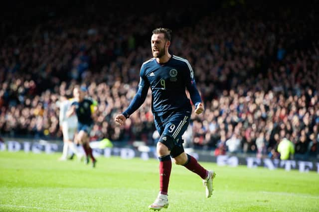 Steve Fletcher celebrates his second and Scotland's fourth goal against Gibraltar. Picture: John Devlin