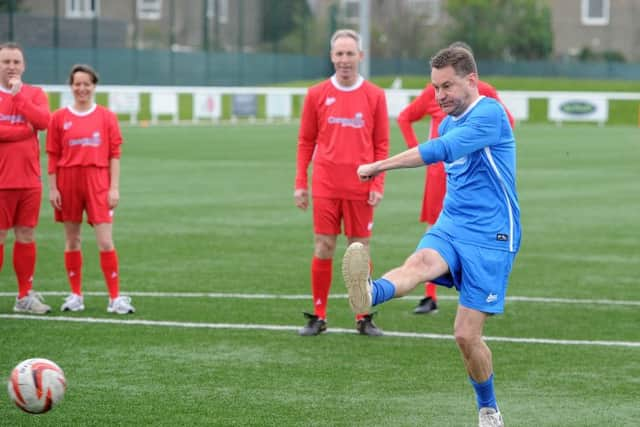 Murdo Fraser attempts a penalty, which he missed. Picture: Neil Hanna