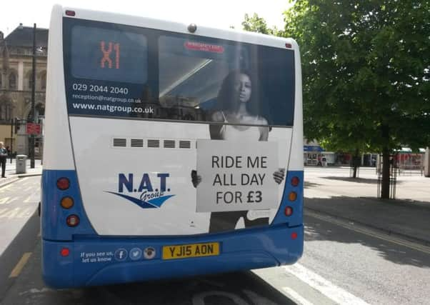 The controversial advert on the back of a X1 service operated by New Adventure Travel (NAT), based in Cardiff. Picture: PA