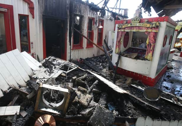 The burnt remains of the entrance to Queen Victoria's waiting room on the platform at the Old Royal Station in Ballater, Aberdeenshire. Picture: PA