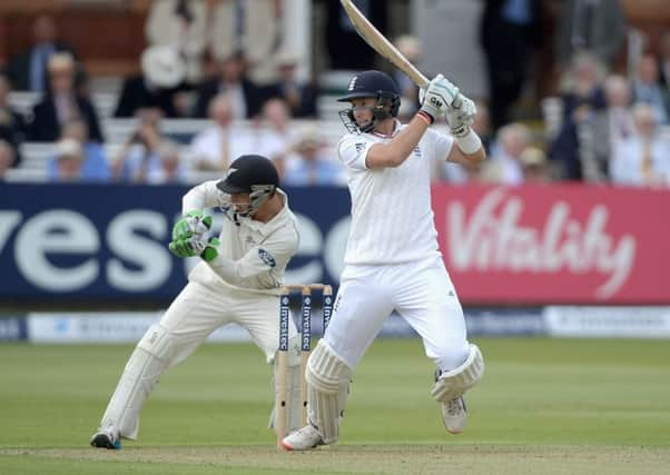 Englands Joe Root hits out on his way to 98 during the opening day of the first Test against New Zealand at Lords. Picture: Getty Images