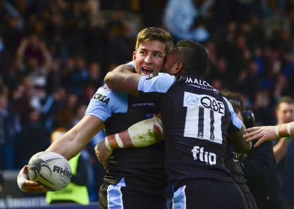 Van Der Merwe celebrates leveling the score for Glasgow Warriors. Picture: SNS