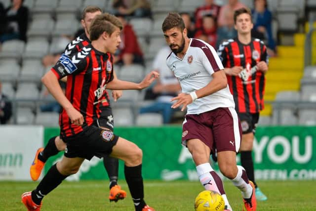 Hearts' Spanish signing Juanma Delgado, right, in action in Dublin last night. Picture: Sam Barnes/SPORTSFILE