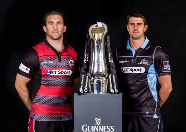 Edinburgh's Mike Coman and Glasgow's Peter Murchie at the Pro12 launch. Picture: James Crombie/©INPHO