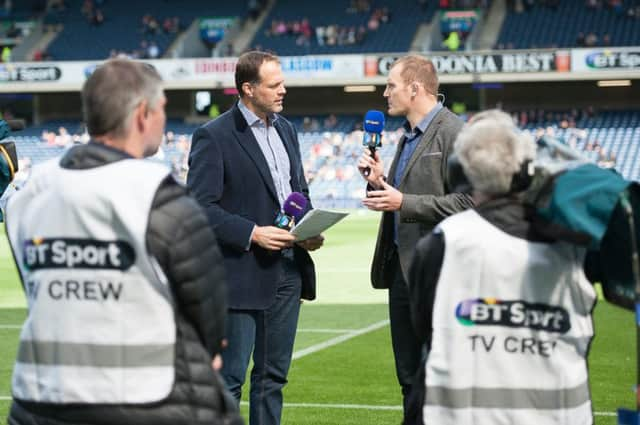 Presenter Martin Bayfield, left, with pitchside analyst Al Kellock during BTs broadcast from Murrayfield on Saturday. Picture: C1 Photography