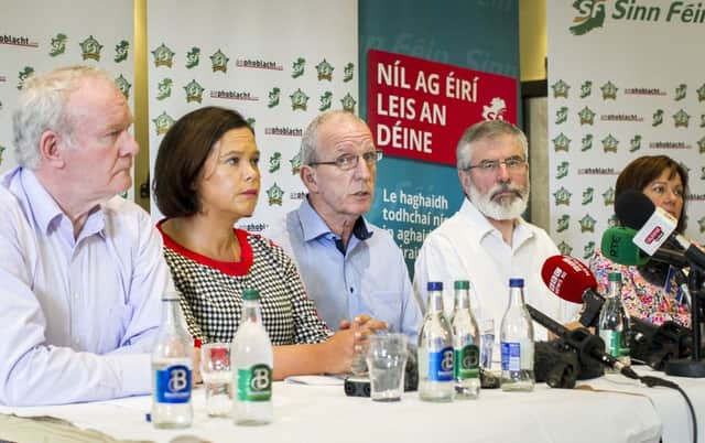 Martin McGuinness, Mary Lou McDonald, Bobby Storey, Gerry Adams and Jennifer McCann. Picture: PA